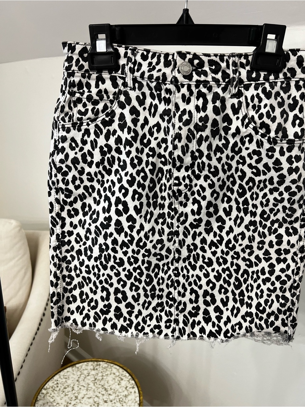 H&M Black and White Leopard Print Denim Mini Skirt